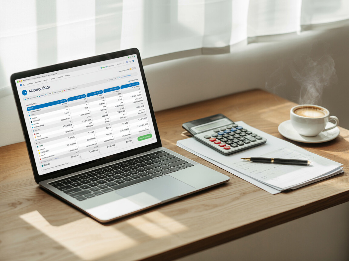 Clean accounting workspace with laptop, calculator, and papers