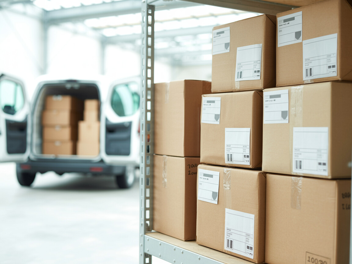 Modern warehouse with neatly stacked shipping packages